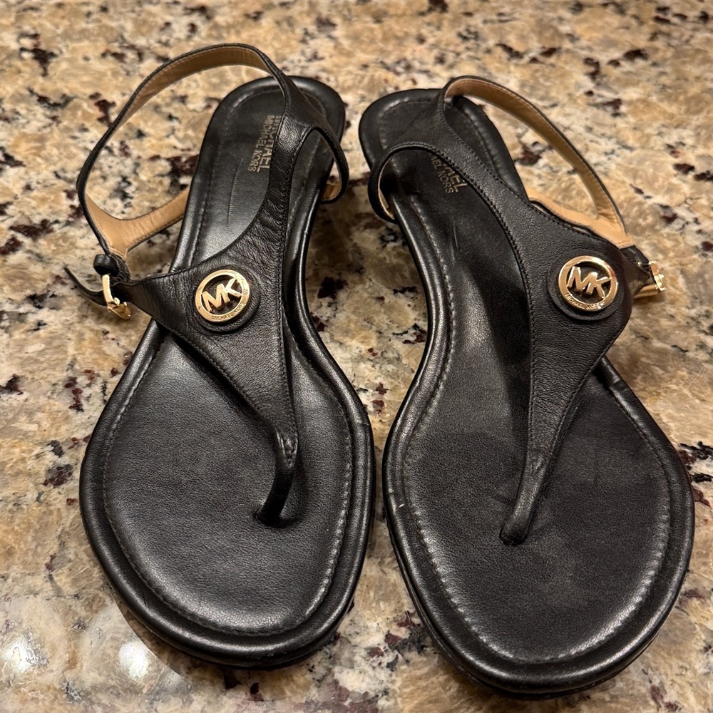 Michael Kors Black Leather Sandals with Gold Accents